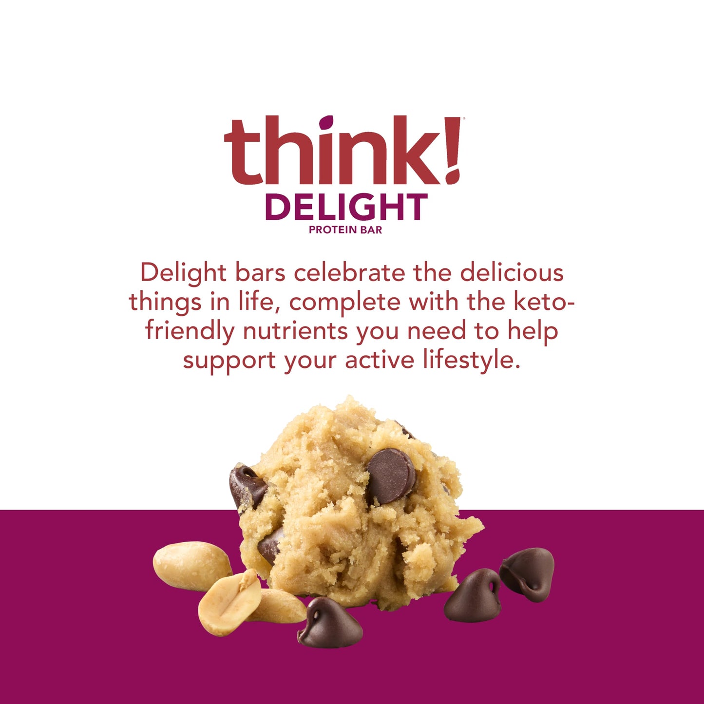think! Delight, Keto Protein Bars, Healthy Low Carb, Gluten Free Snack - Chocolate Peanut Butter Cookie Dough, 10 Count (Packagi