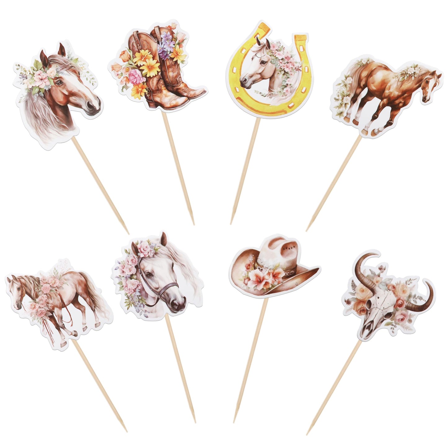 Zhuoweism 40 Pcs Horse Cupcake Toppers - Western Cowgirl Cupcake Picks - Floral Horseshoe Hat Boots - Cake Decorations For Horse