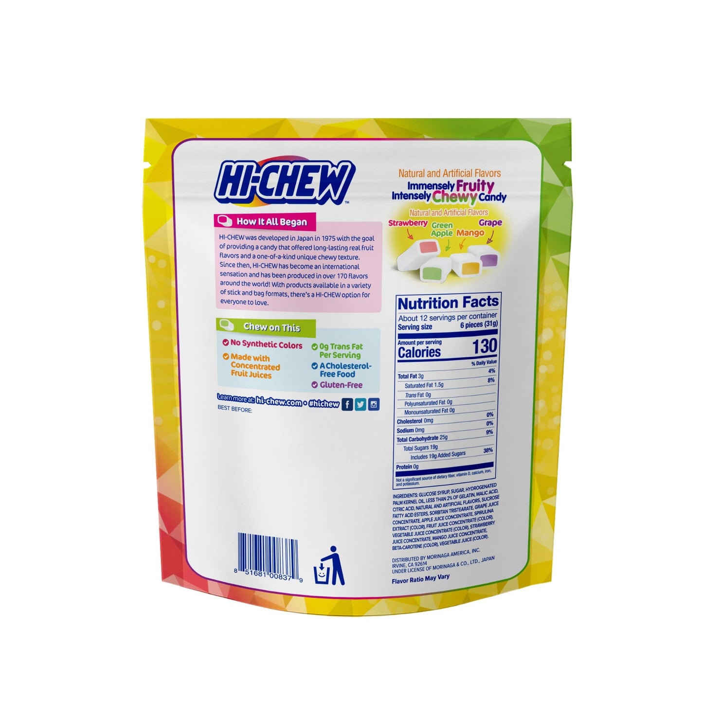 HI-CHEW Original Mix, 4 Stand Up Pouches, 12.7oz each | Strawberry Green Apple Grape Mango | Unique Fun Soft & Chewy Taffy Candy