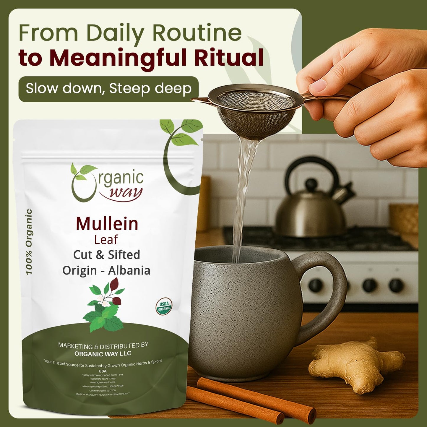 Organic Way Mullein Leaf Herbal Tea Cut & Sifted 4 Ounce Non-GMO Yellow