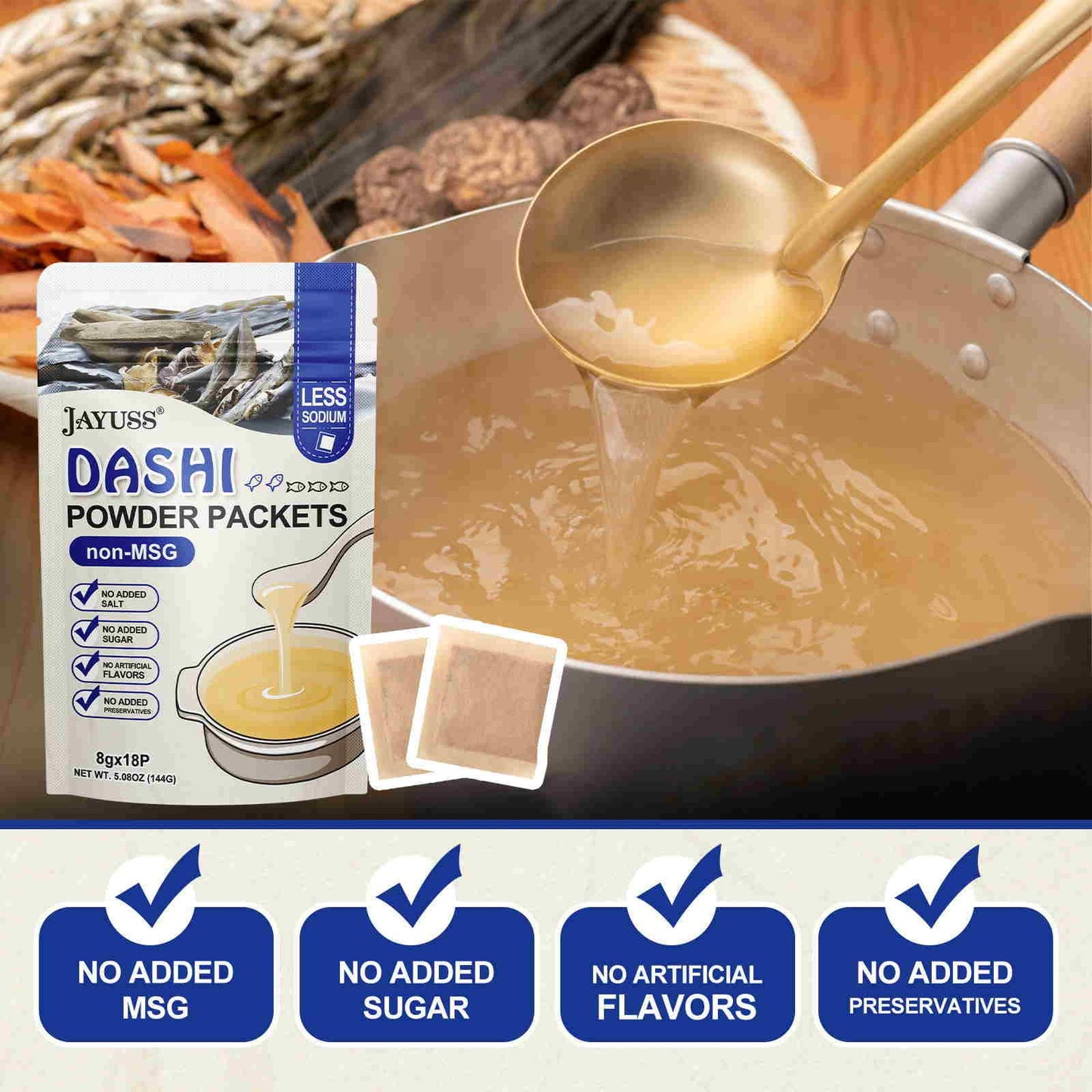 Jayuss Japanese Dashi Packet, Traditional Dashi Soup Stock 8G  18Pacs, No Msg, No Additives 5 Natural Ingredients Perfect Base F