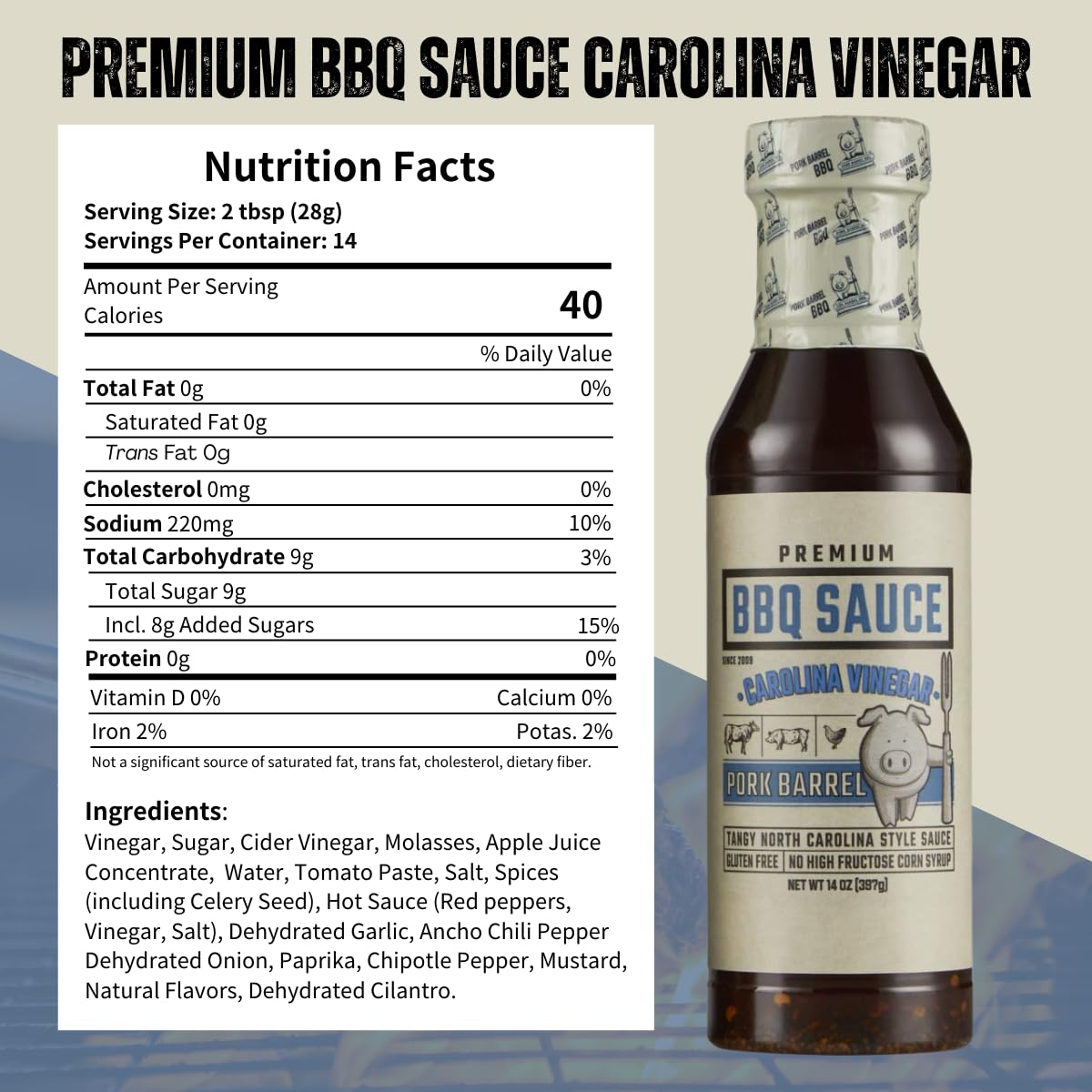 Pork Barrel BBQ Carolina Vinegar BBQ Sauce, Tangy, Gluten-Free, 14 oz - Pack of 2