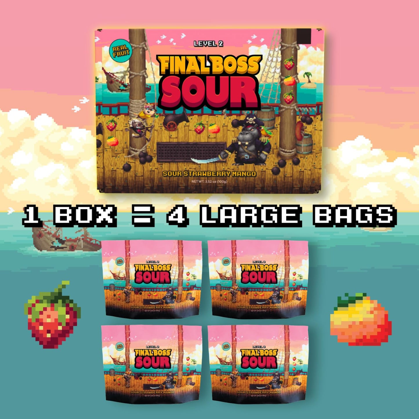 FINAL BOSS Sour Candy, Extremely Super Sour Gummy Candy, Strawberry & Mango, 3.52 oz Bag, Healthy Snack for Kids & mature-themeds