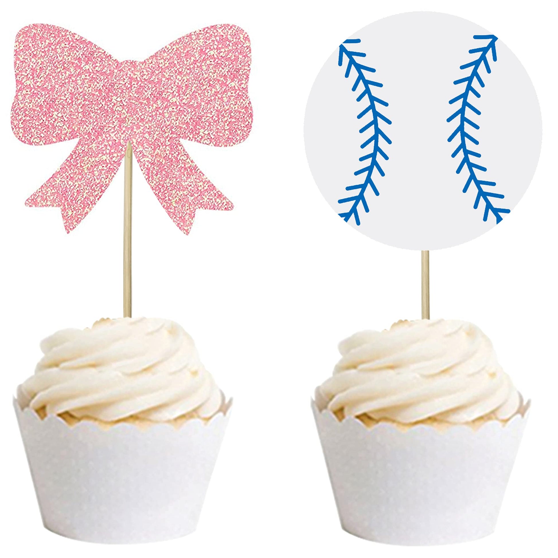 24 Pcs Baseballs Or Bows Cupcake Toppers Gender Reveal Party Decorations For Picks Baby Shower Birthday Party Cake Decoration Su