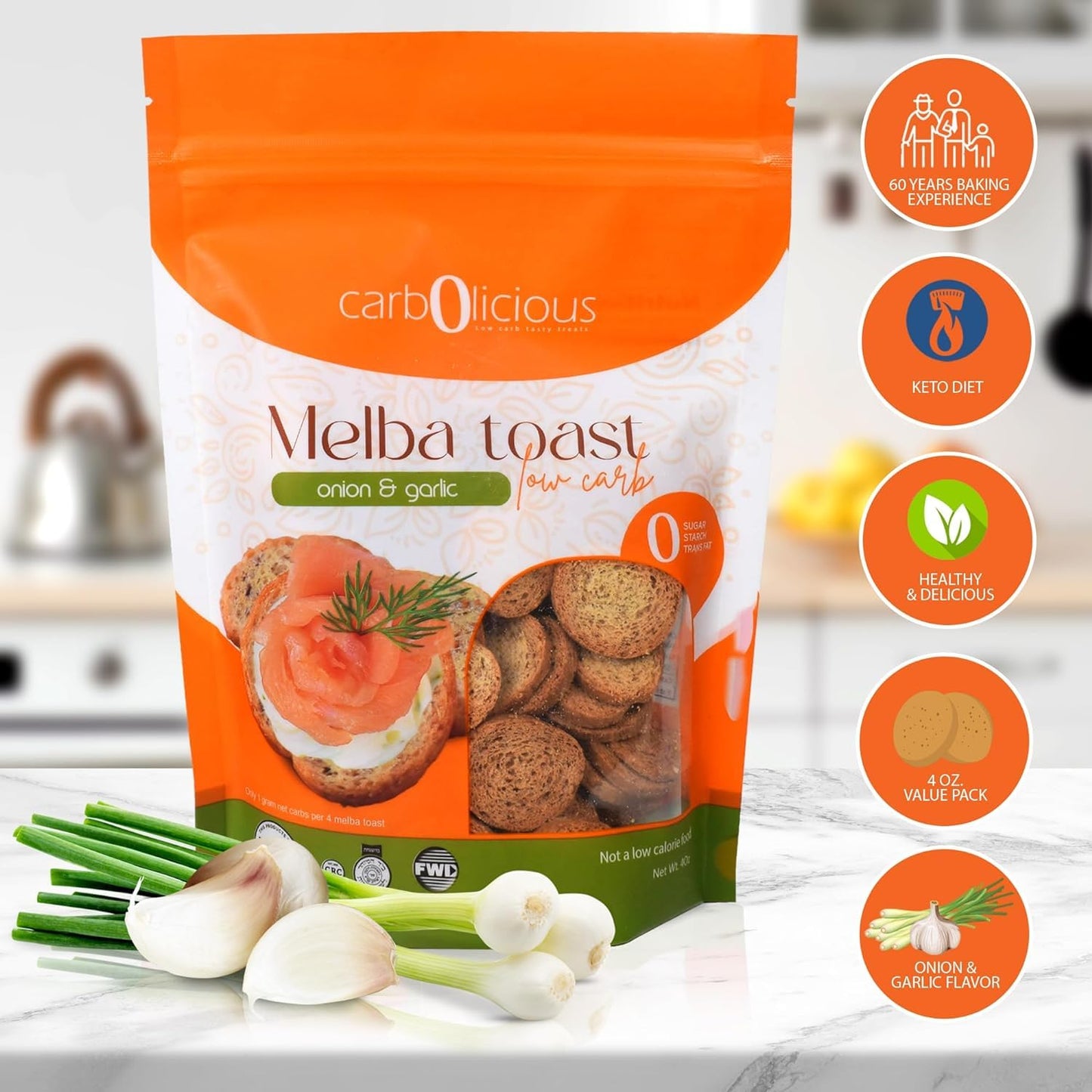 Low Carb Melba Toast - Onion & Garlic | 4 oz | Crunchy & Keto-Friendly [4 Pack] (4 Pack, Onion & Garlic)
