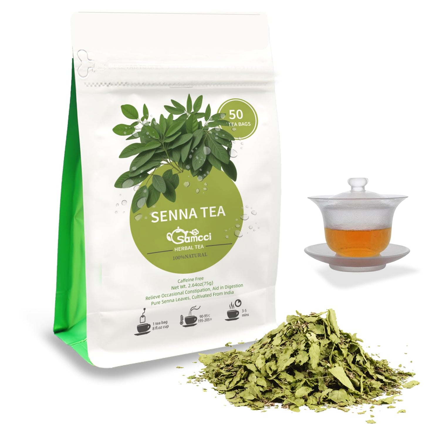 SAMCCI Senna Tea - 50 Teabags, Non-GMO, Caffeine-Free, Promotes Digestion, Colon Cleanse, 1.5g per Bag