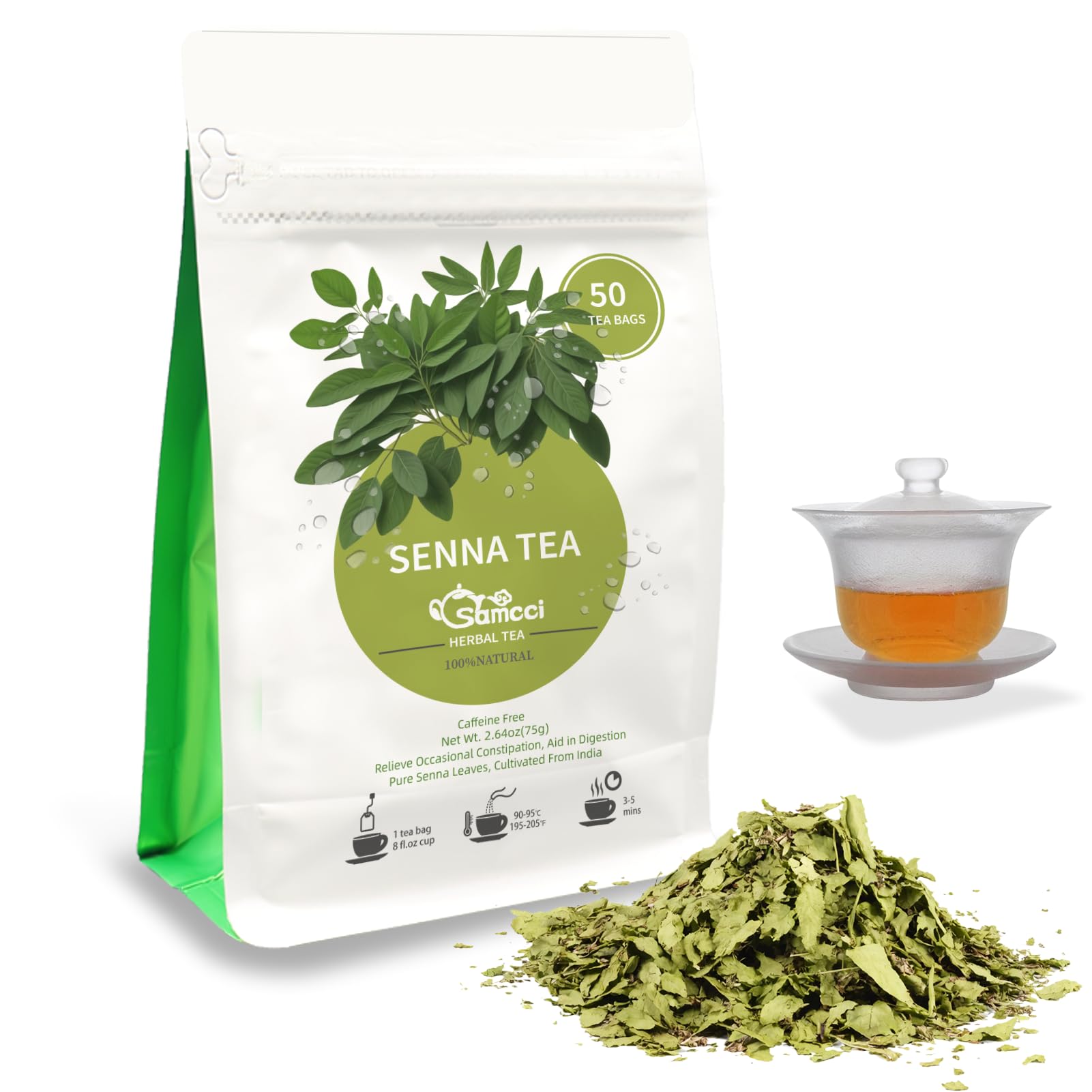 SAMCCI Senna Tea - 50 Teabags, Non-GMO, Caffeine-Free, Promotes Digestion, Colon Cleanse, 1.5g per Bag