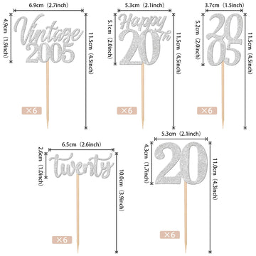 30Pcs Happy 20Th Birthday Cupcake Toppers Cheers To 20 Vintage 2005 Cupcake Picks Hello 20 Twenty 20Th Birthday Decorations For