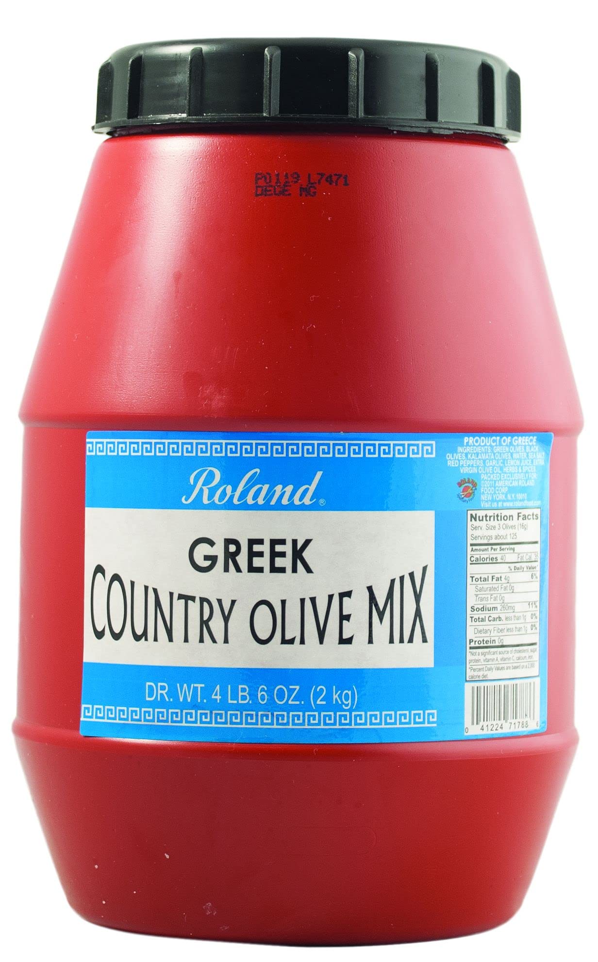 Roland Foods Greek Country Olive Mix, Whole Olives Marinated with Garlic and Pepperoncini Peppers, Specialty Imported Food, 4 Lb