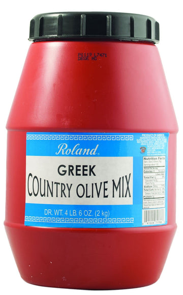 Roland Foods Greek Country Olive Mix, Whole Olives Marinated with Garlic and Pepperoncini Peppers, Specialty Imported Food, 4 Lb