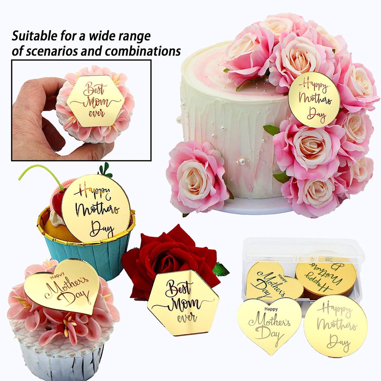 AiQi Bakes Happy Mothers Day Cupcake Toppers, 24 Pieces, Gold Mirror Acrylic, Circle Hexagon Heart Shapes, Model AQHMD-X24