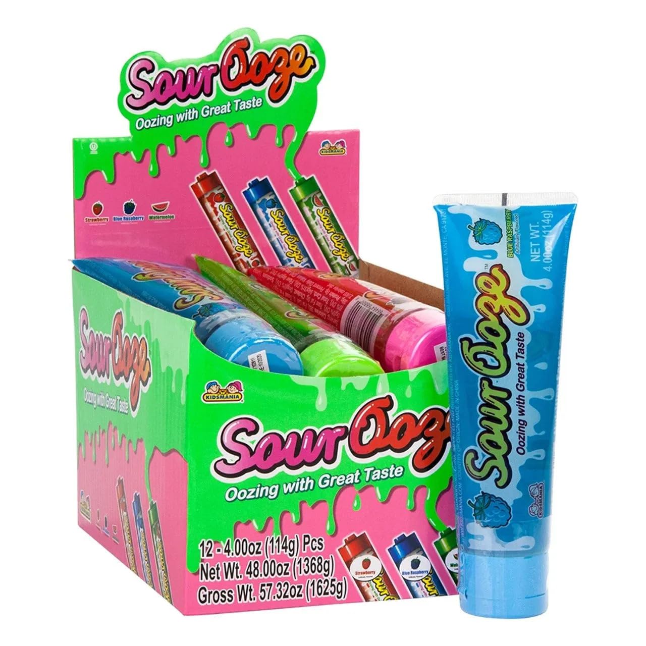 Kidsmania Sour Ooze Tube Candy - Strawberry Blue Raspberry Watermelon, 12 Count, Blue