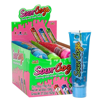 Kidsmania Sour Ooze Tube Candy - Strawberry Blue Raspberry Watermelon, 12 Count, Blue