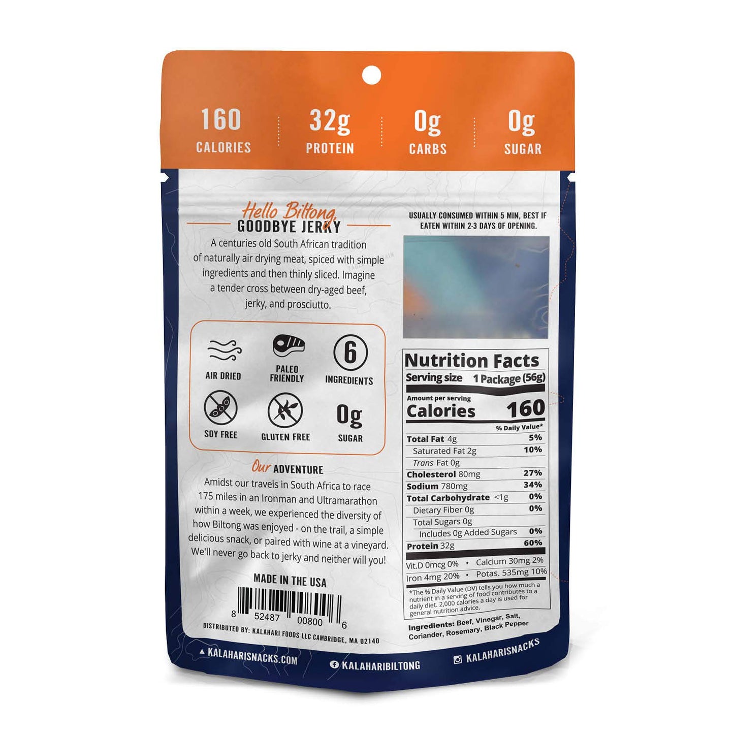 Original Kalahari Biltong, Air-Dried Thinly Sliced Beef, 2Oz (Pack Of 8), Sugar Free, Gluten Free, Keto & Paleo, High Protein Sn