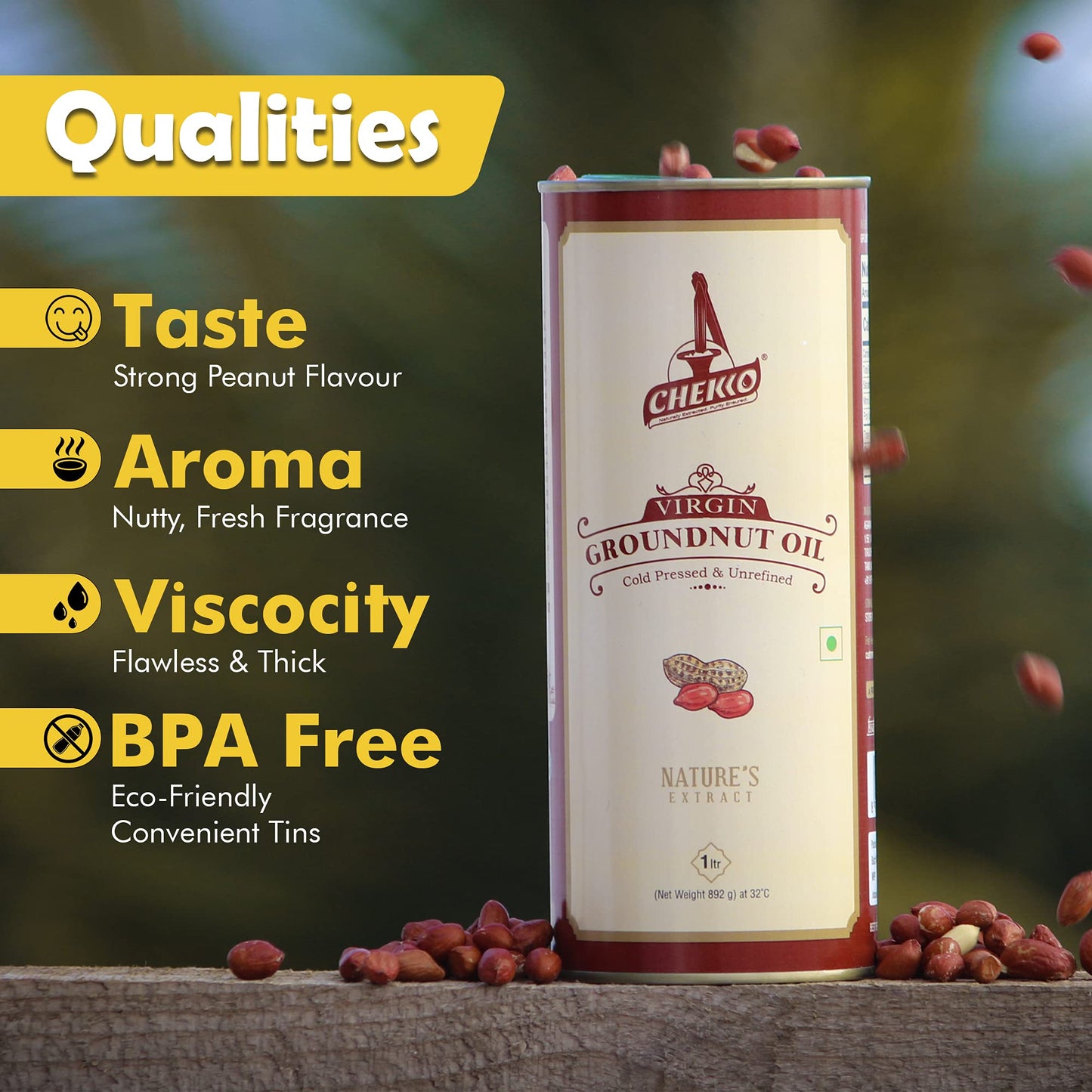 Chekko Kachi Ghani Cold Pressed Virgin 5L Groundnut/Peanut Oil | 100% Natural, Pure & Wood Pressed 5 Litre for Cooking