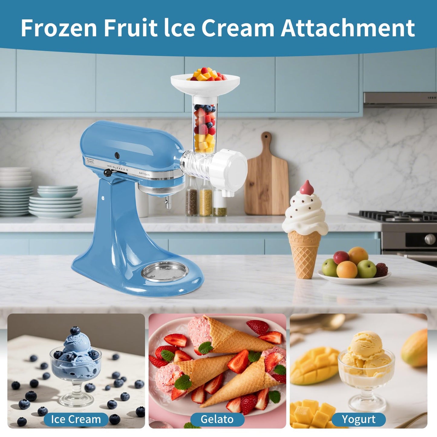 MEILEYII Frozen Fruit Ice Cream Attachment for Kitchenaid Mixer, Creates Sorbet & Yogurt, Small Size, Dishwasher Safe