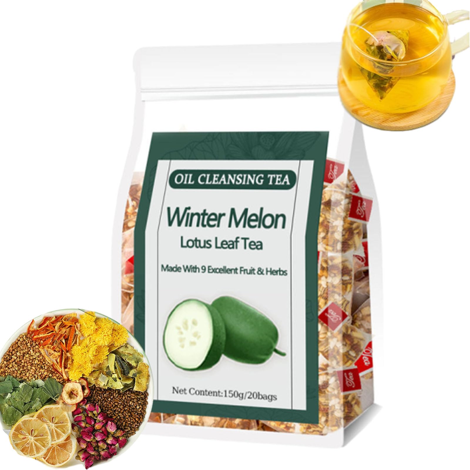 Qiuumey Winter Melon Lotus Leaf Tea with 9 Herbal Ingredients, Organic Herbal Bags, 1 Bag (20 pcs)