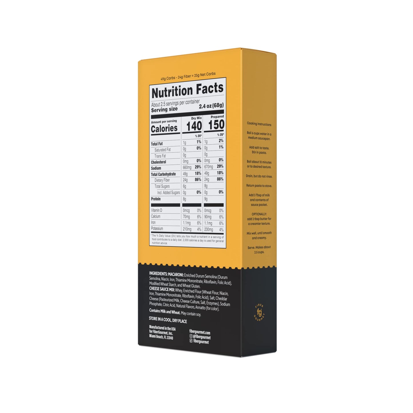 Fiber Gourmet Mac And Cheese - Fiber-Rich, Low-Calorie Instant Pasta - Made In Us, Kosher, And Has Zero Artificial Colors Or Flavors - Pack Of 6 X 6Oz