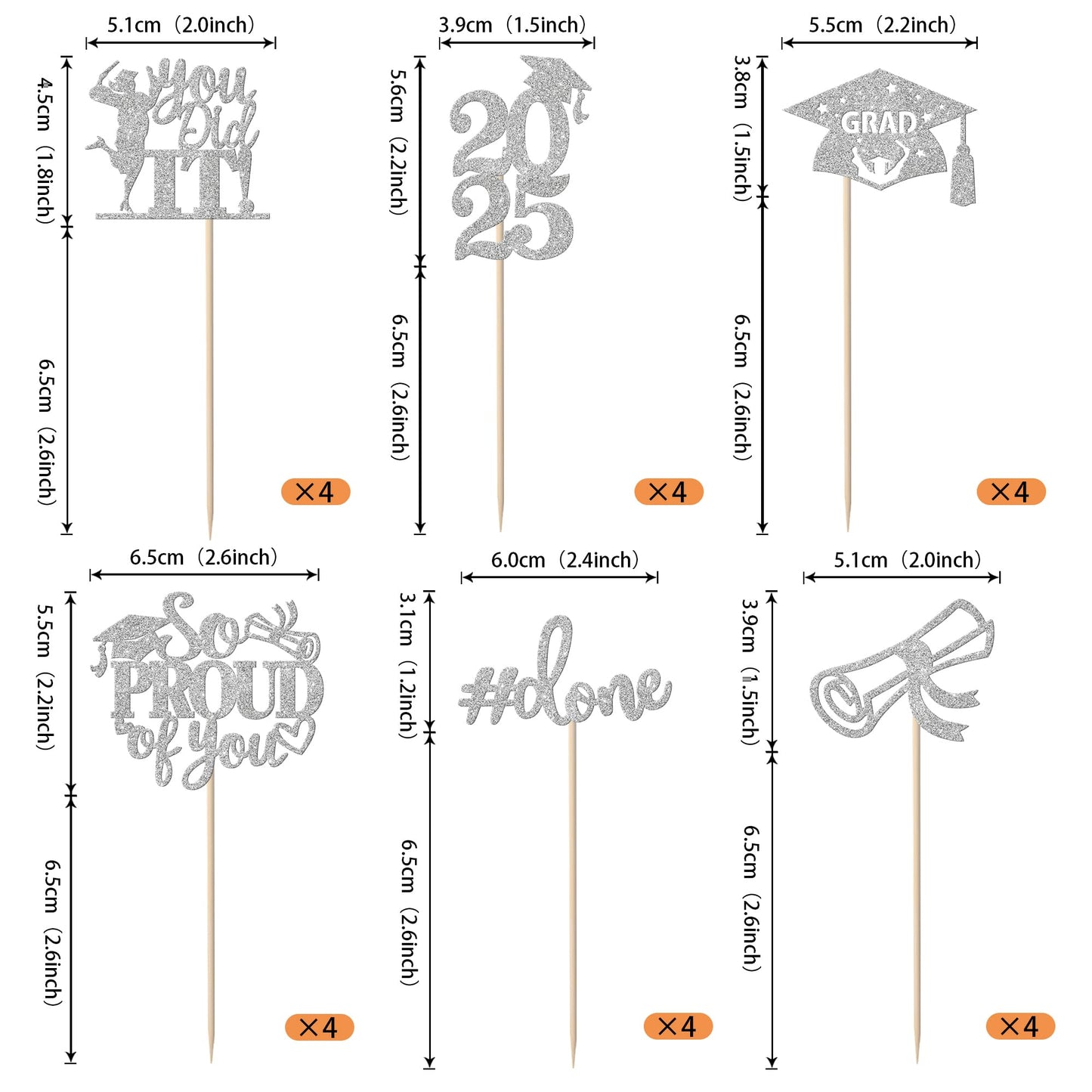 YCTHUNFISH Graduation Cupcake Toppers 24 Pack Glitter Grad Cap Picks Small Silver