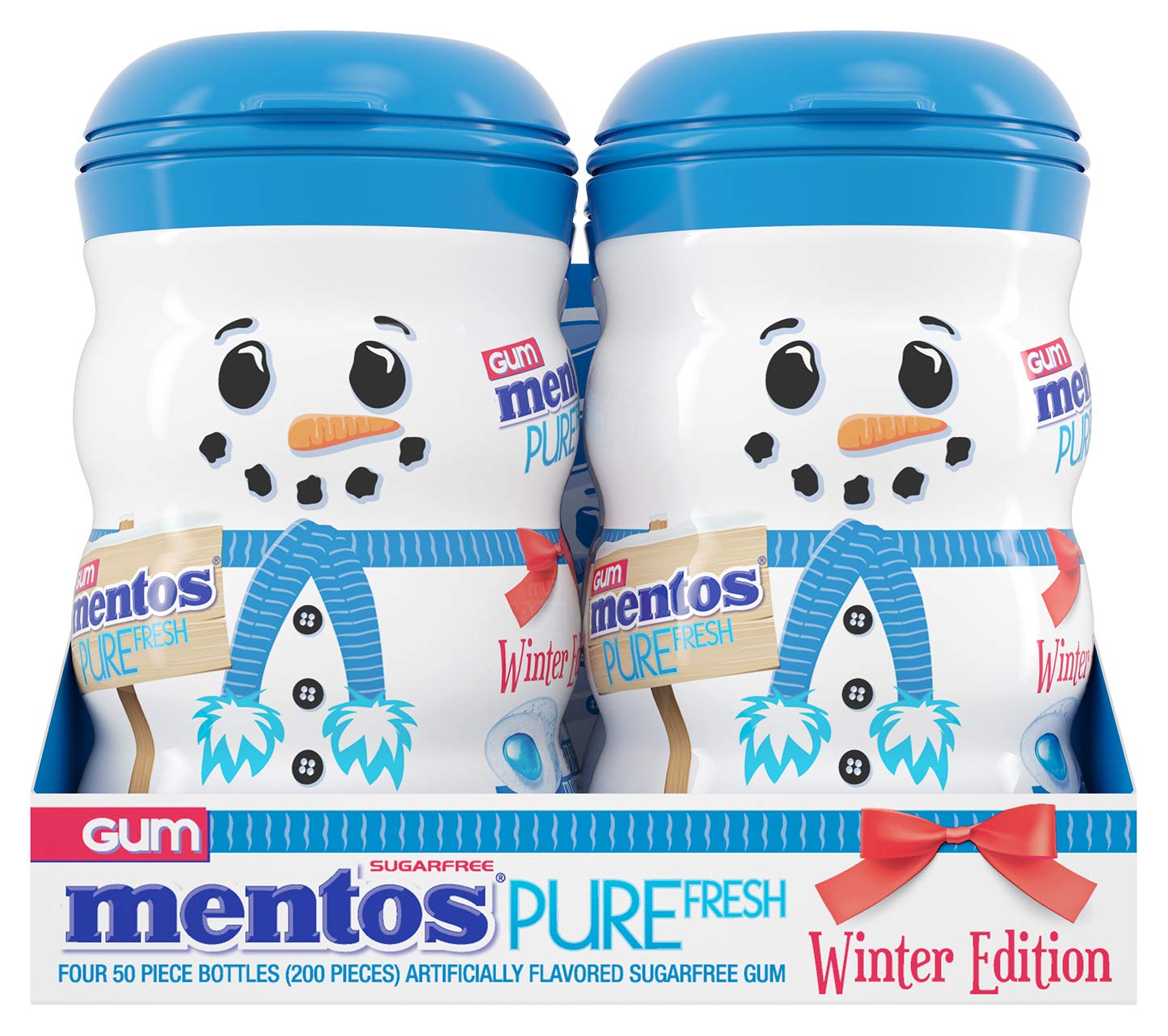 Mentos Sugar-Free Chewing Gum  Fresh Mint Flavor  Winter Edition Snowman Bottle  Holiday Stocking Stuffer  Secret Santa  50 Count (Pack of 4)