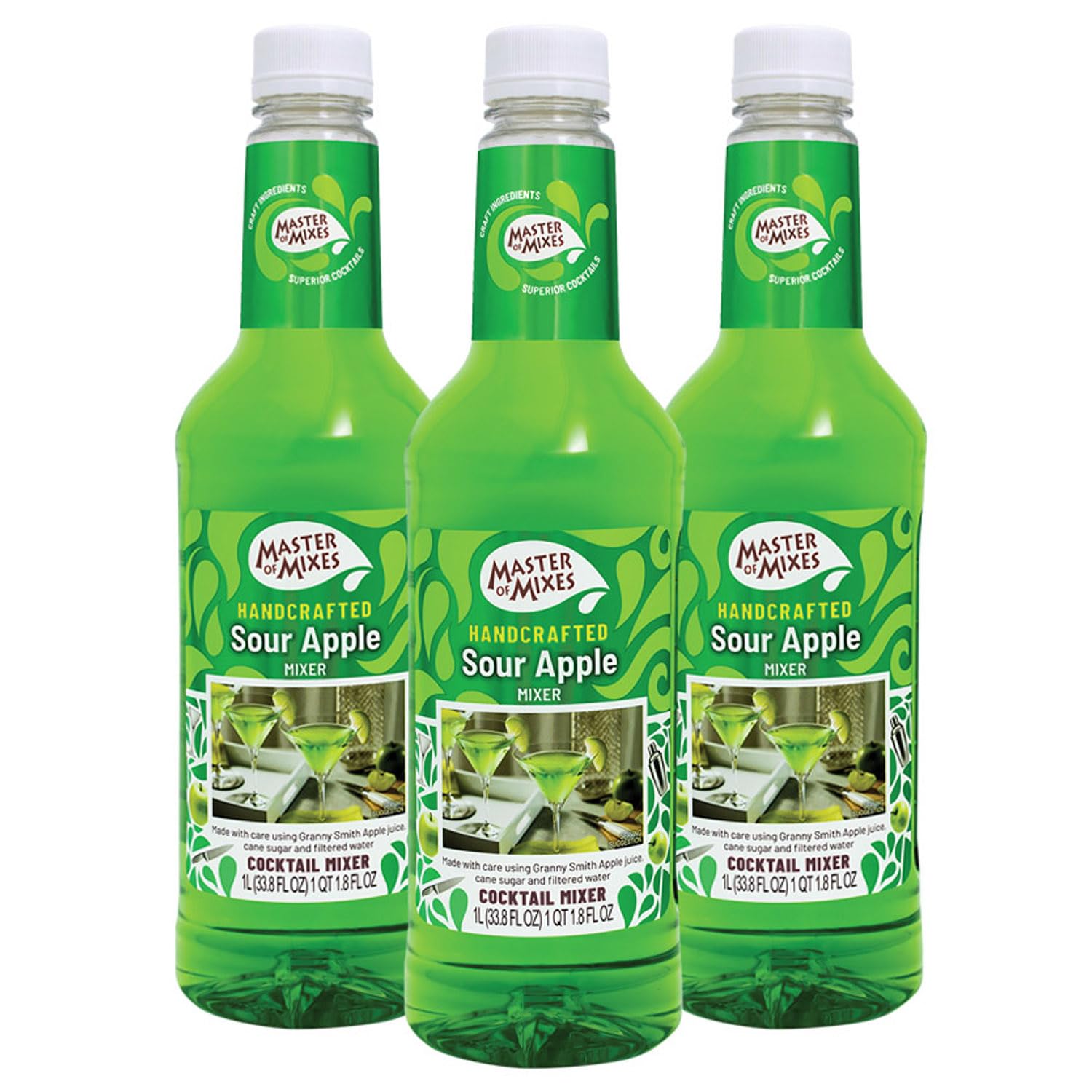 MASTER OF MIXES Sour Apple Martini Drink Mix, Ready to Use, 1 Liter Bottle, Pack of 3, 33.8 Fl Oz