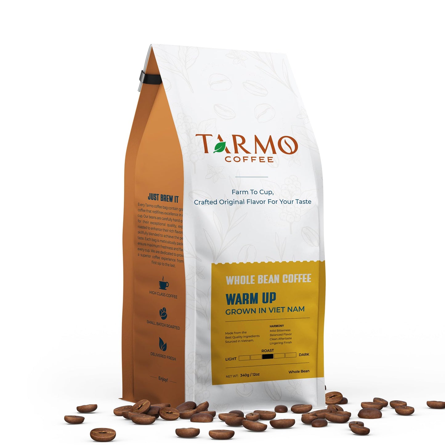 TARMO COFFEE Low Acid 100% ROBUSTA Whole Bean Coffee, Specialty Vietnamese, Medium Roast, 12 Oz Bag