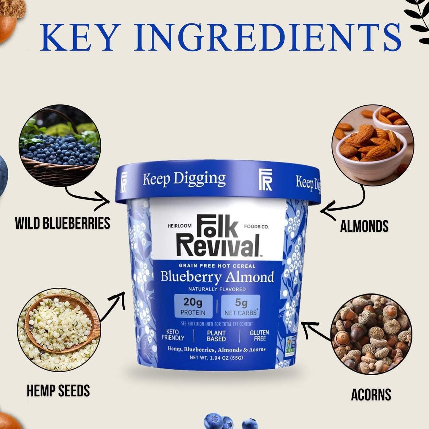 Folk Revival Blueberry Almond Keto Instant Oatmeal - 20G Protein, 5G Net Carbs, High Fiber, Non Gmo, Gluten Free, Made With Acor