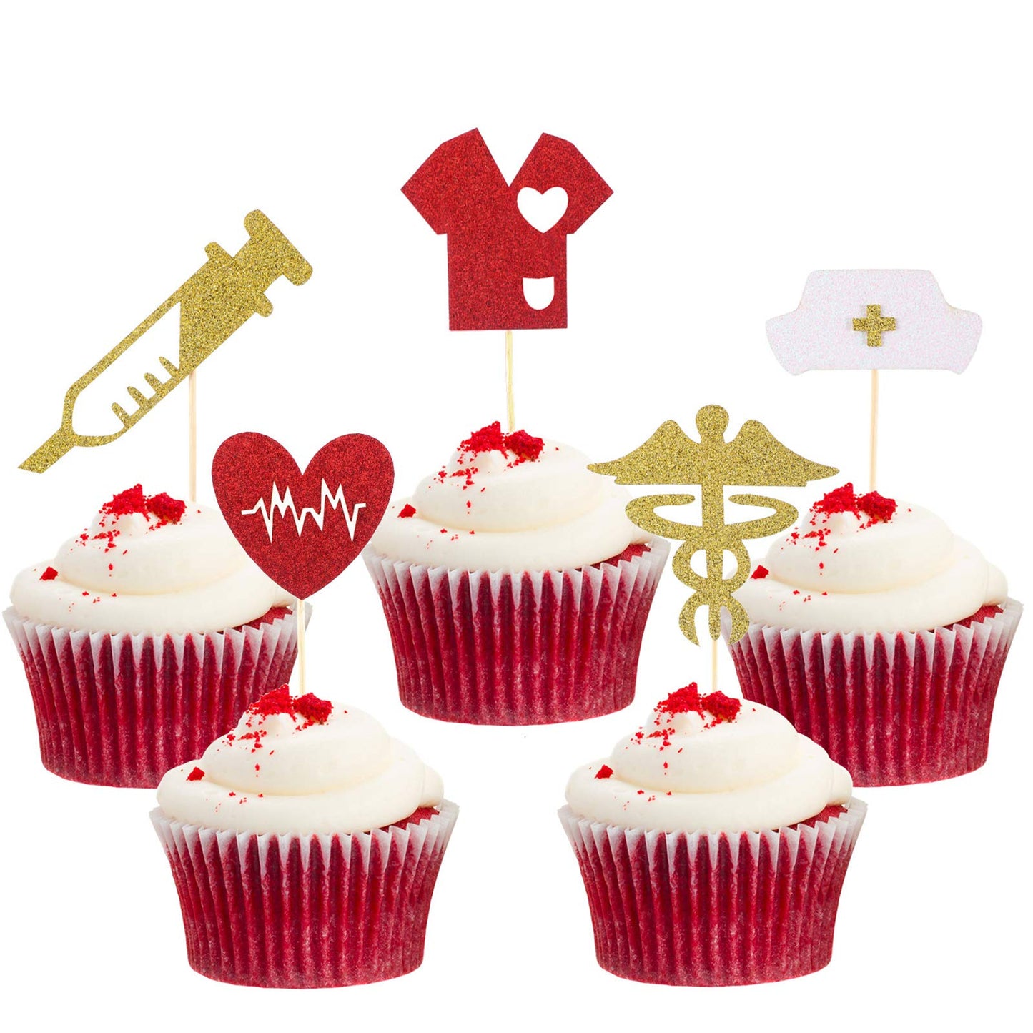 Boao Nurse Cupcake Toppers, 50 Piece Assortment, Gold Glitter, Cap Heart Design, Graduation Party Supplies