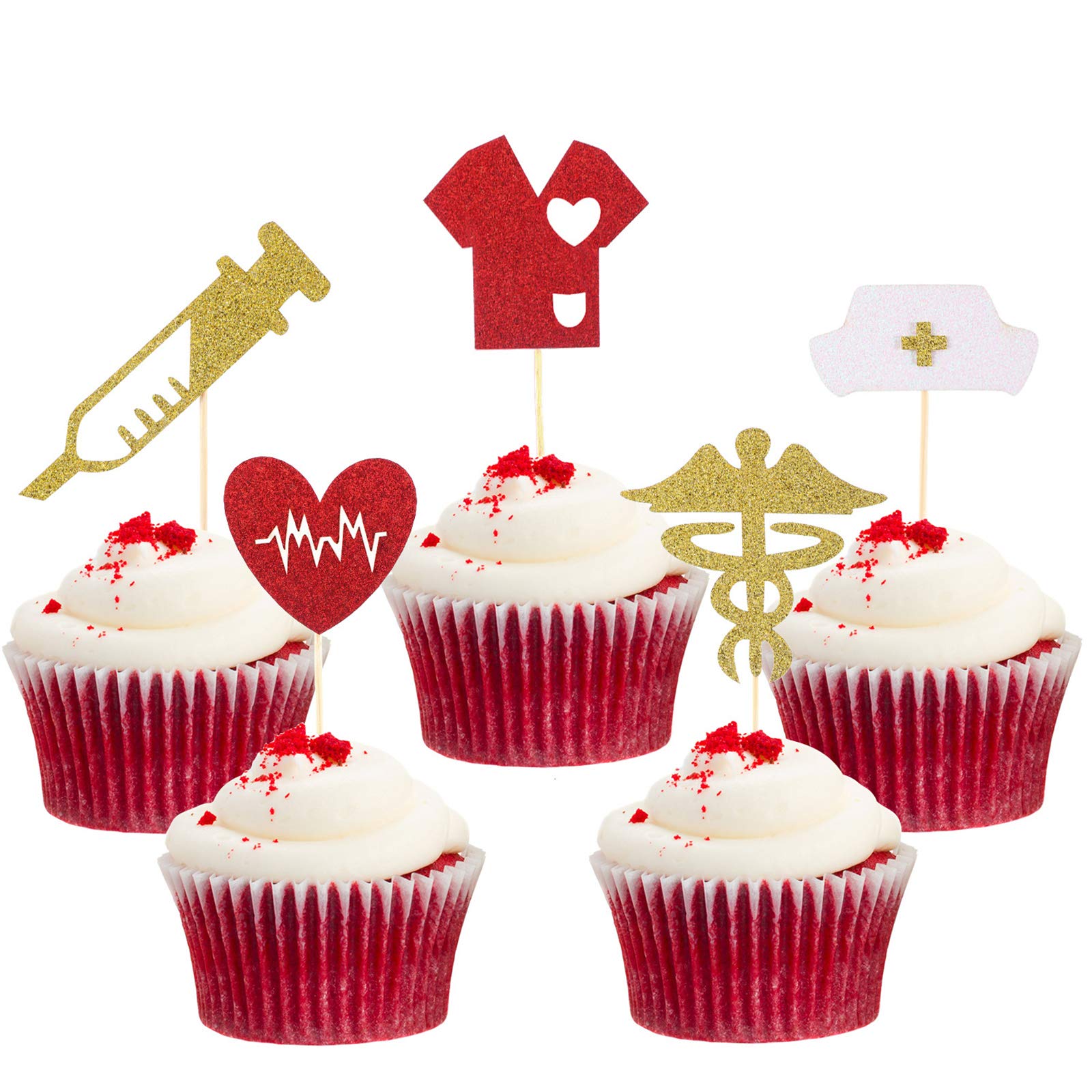 Boao Nurse Cupcake Toppers, 50 Piece Assortment, Gold Glitter, Cap Heart Design, Graduation Party Supplies