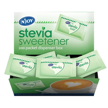 NJoy Zero Calorie Sweetener | Green Stevia Packets | 200 Count | Kosher | Gluten Free and Sodium Free