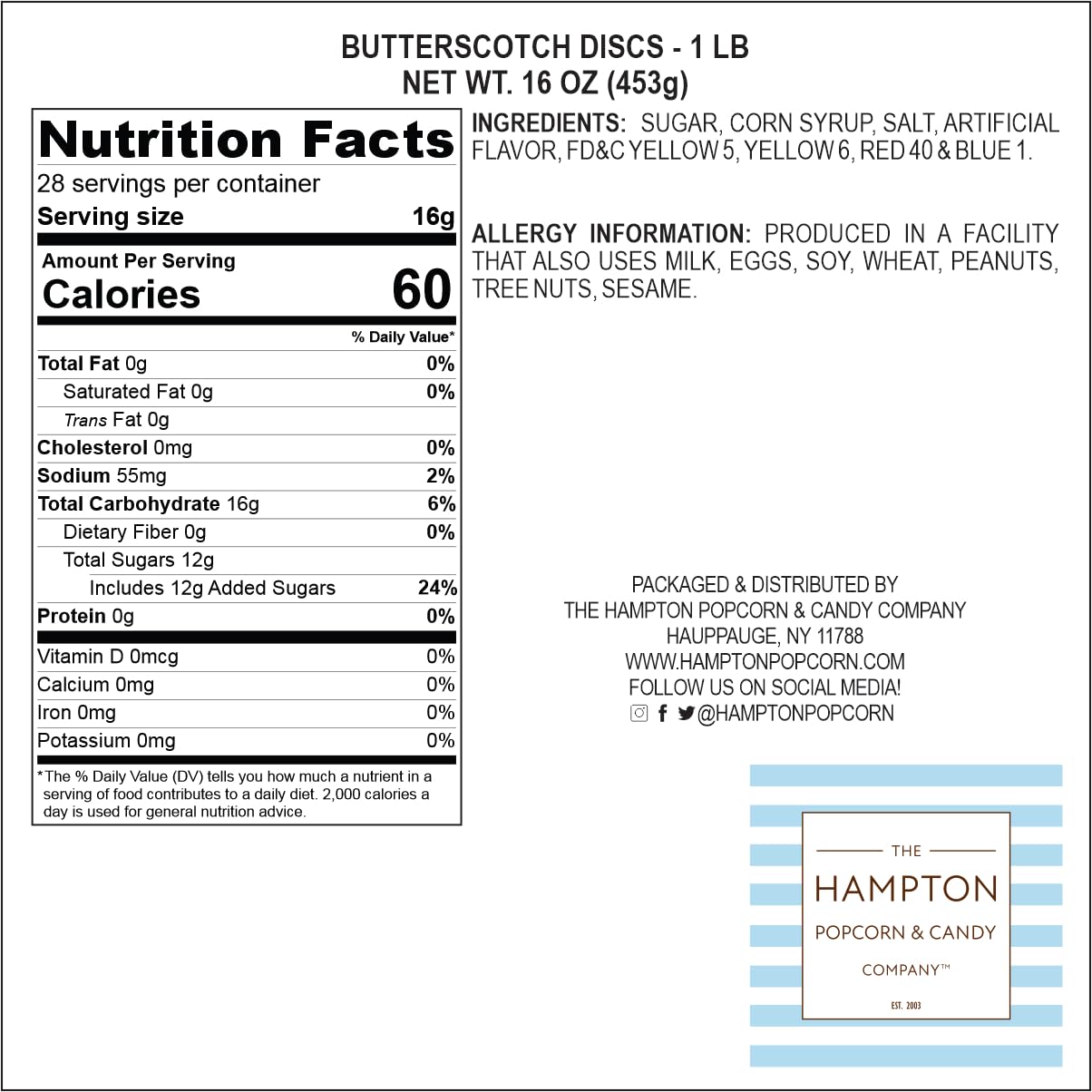 The Hampton Popcorn Company Butterscotch Hard Candy - 1lb Bulk Bag - Individually Wrapped Candy Discs - Approx. 75 pcs