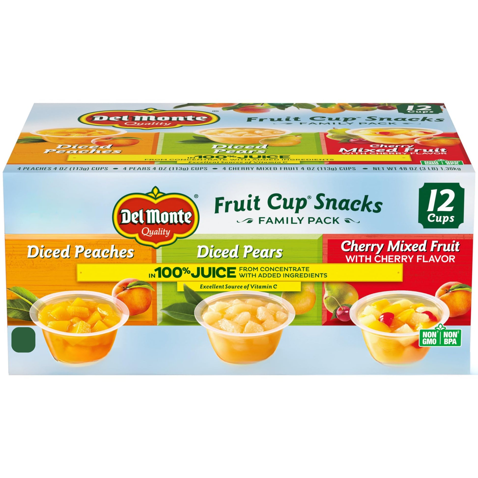 Del Monte Fruit Cup Snacks Variety Pack, 100% Juice, 4 oz Cups, 12 Pack, Diced Peaches, Diced Pears, Cherry Mixed Fruit