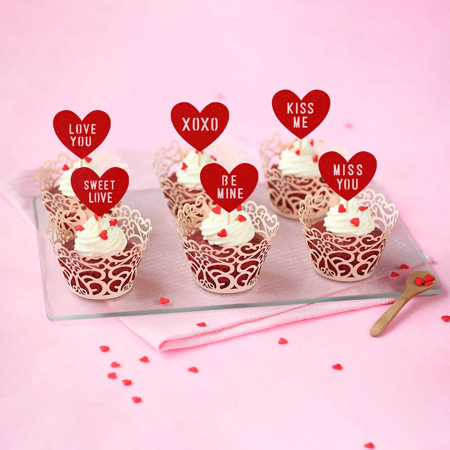 24 Pcs Valentine'S Day Heart Cupcake Toppers Glitter Double Layers Xoxo Sweet Love Be Mine Kiss Me Miss You Cupcake Picks Valent