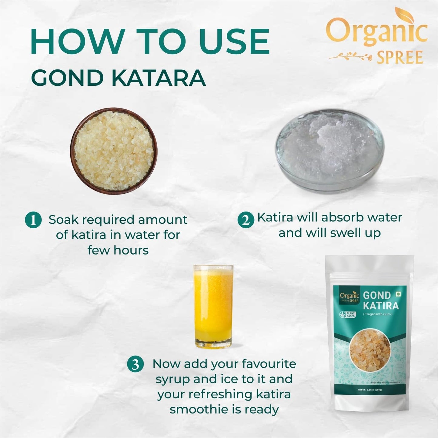 Organic Spree Gond Katira 250Grams (8.81 Oz) - Tragacanth Gum - Gomme Adragante - Goma Tragacanto - (8.81 Oz) Pure And Natural