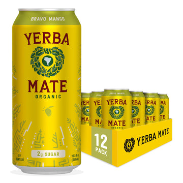 Guayaki Yerba Mate Energy Drink, Bravo Mango, Low Sugar, 150mg Caffeine, 15.5 Fl Oz, Pack of 12