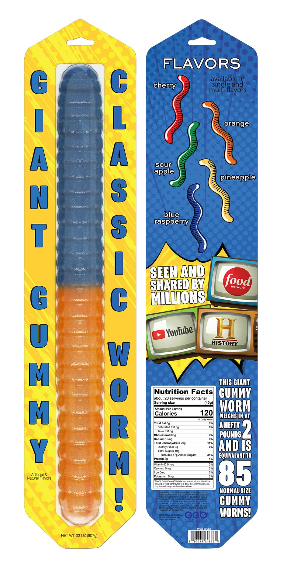 Giant Gummy Worm - Large 2 Pound Gummy Candy With Big Fruity Flavor From Ggb Candies (Blue Raspberry/Orange)