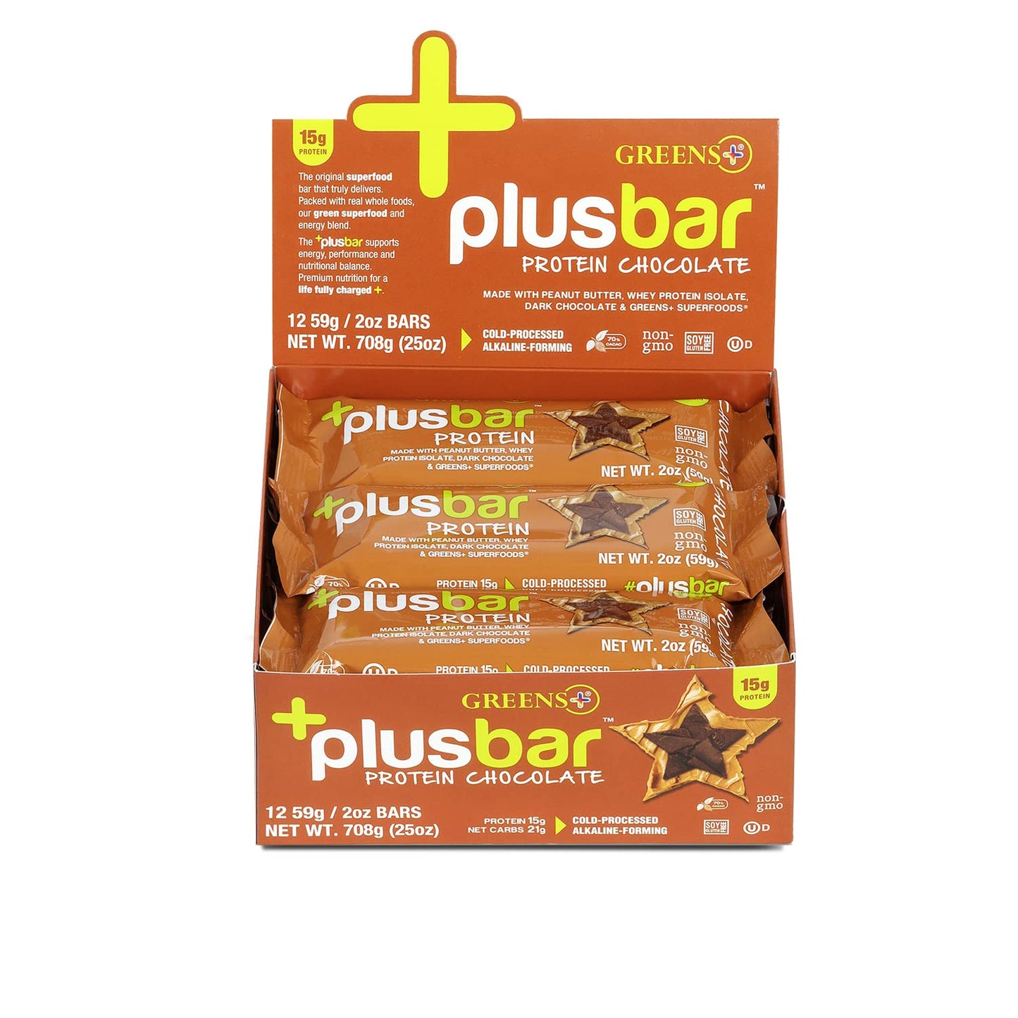 Greens+ Plusbar Protein, Dark Chocolate, 15G Whey Protein Isolate, Gluten-Free Snack With Organic Super Greens & Superfoods, Veg