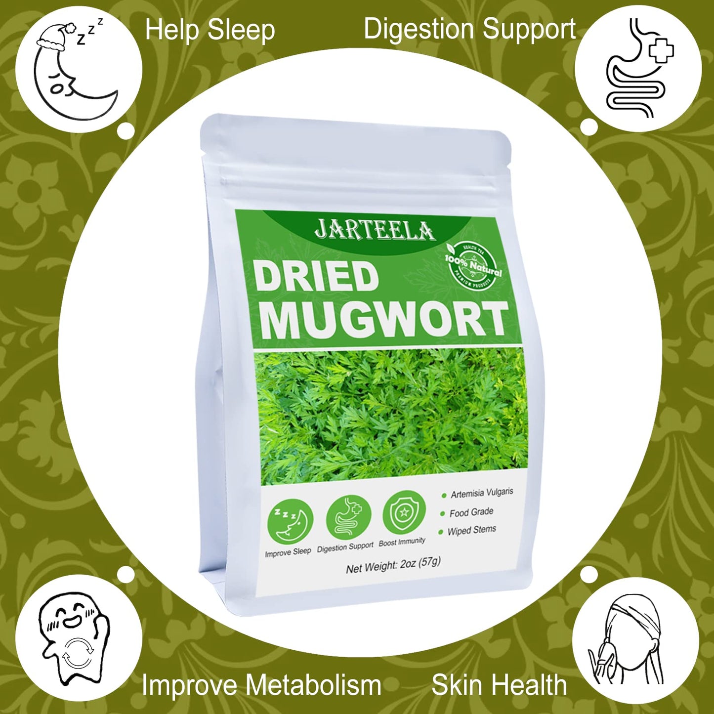 Jarteela Premium Dried Mugwort Herbs - 2oz Loose Leaf - Non-GMO, Caffeine-Free