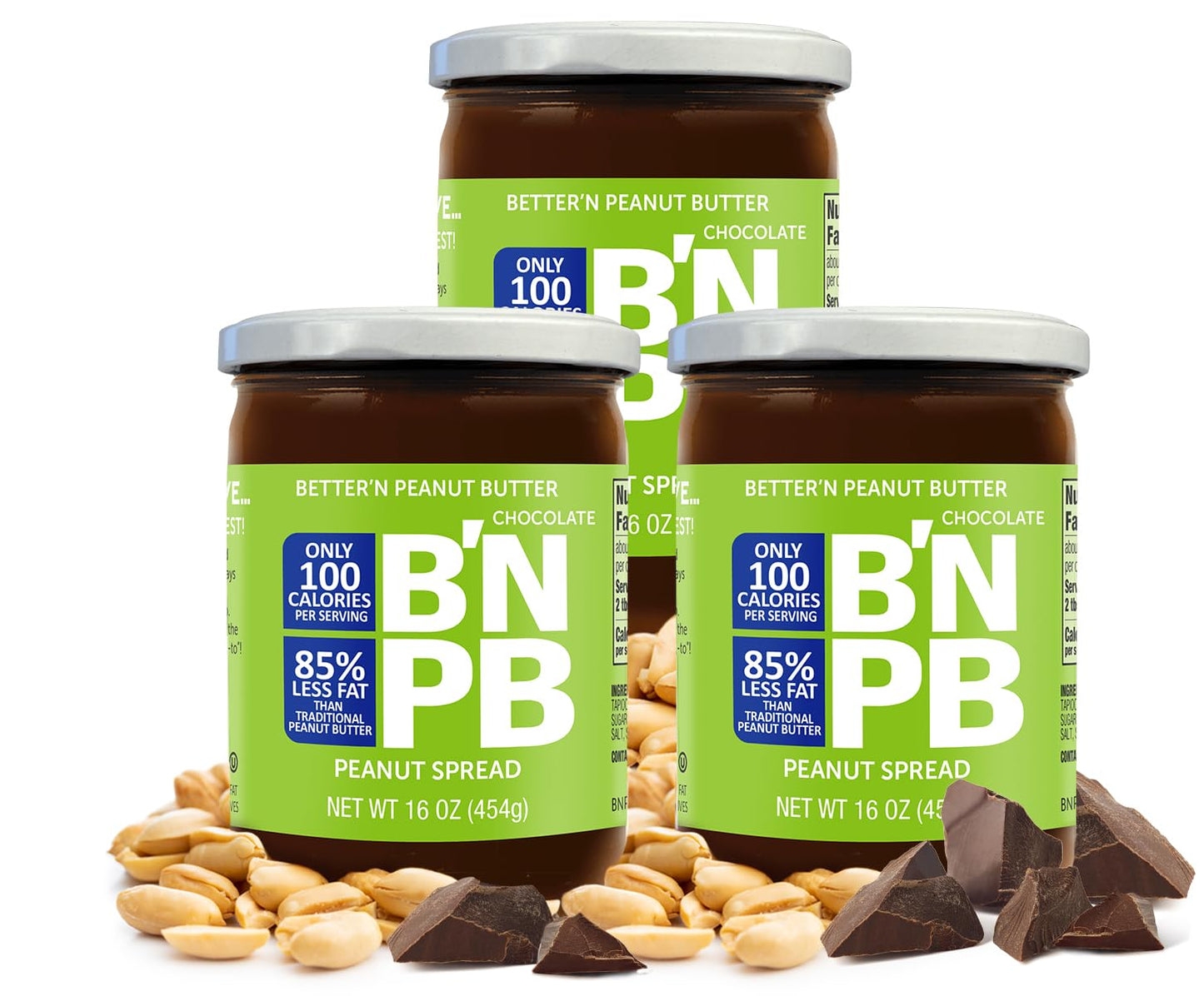 Better’n Peanut Butter Low Fat Chocolate Peanut Butter Spread, Creamy, Gluten Free, Dairy Free, Pack of 3, 16 oz Glass Jars