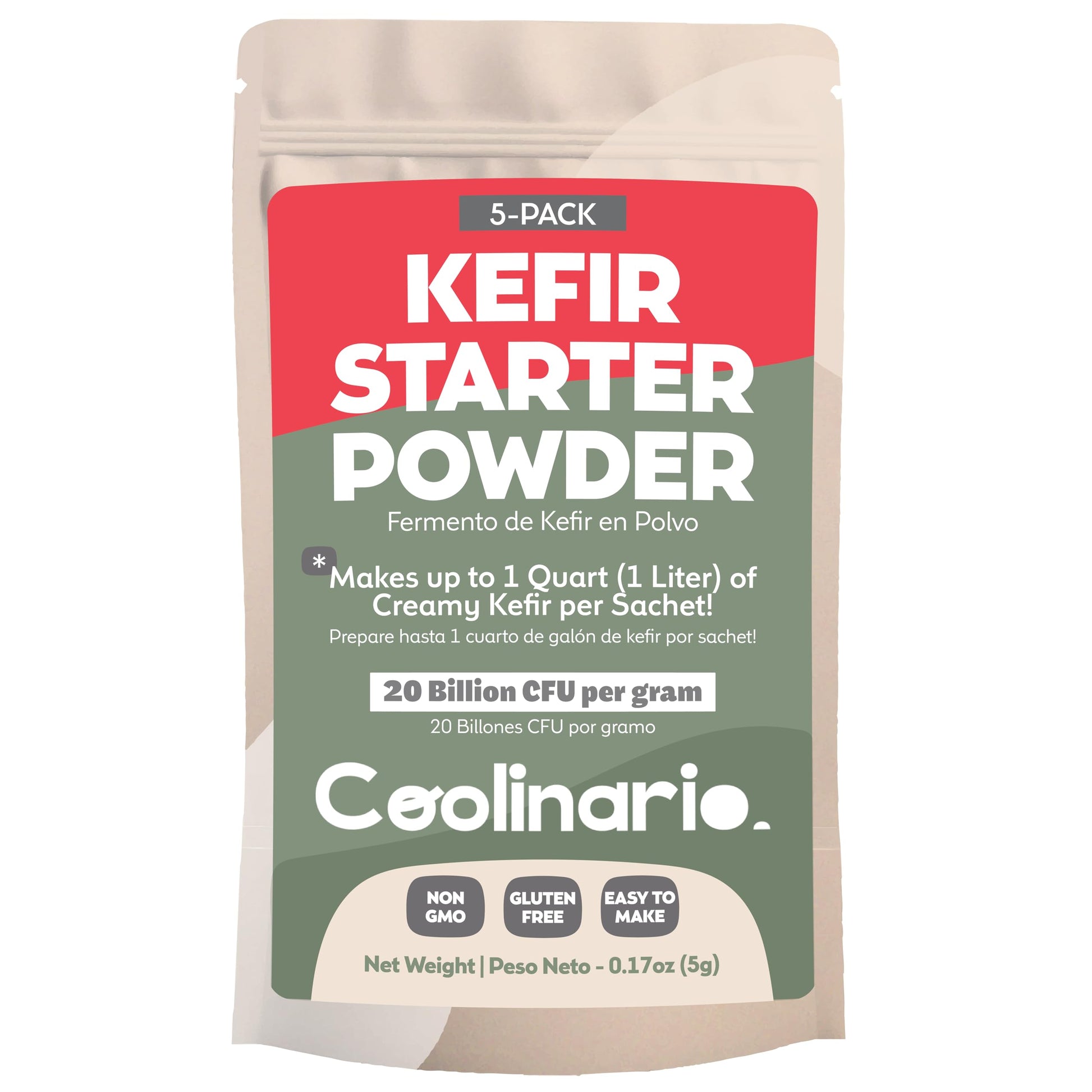 Coolinario Kefir Starter Culture - Live Probiotic Cultures, 5-Pack of 1g Sachets, Non-GMO, Gluten Free, Halal, Kosher