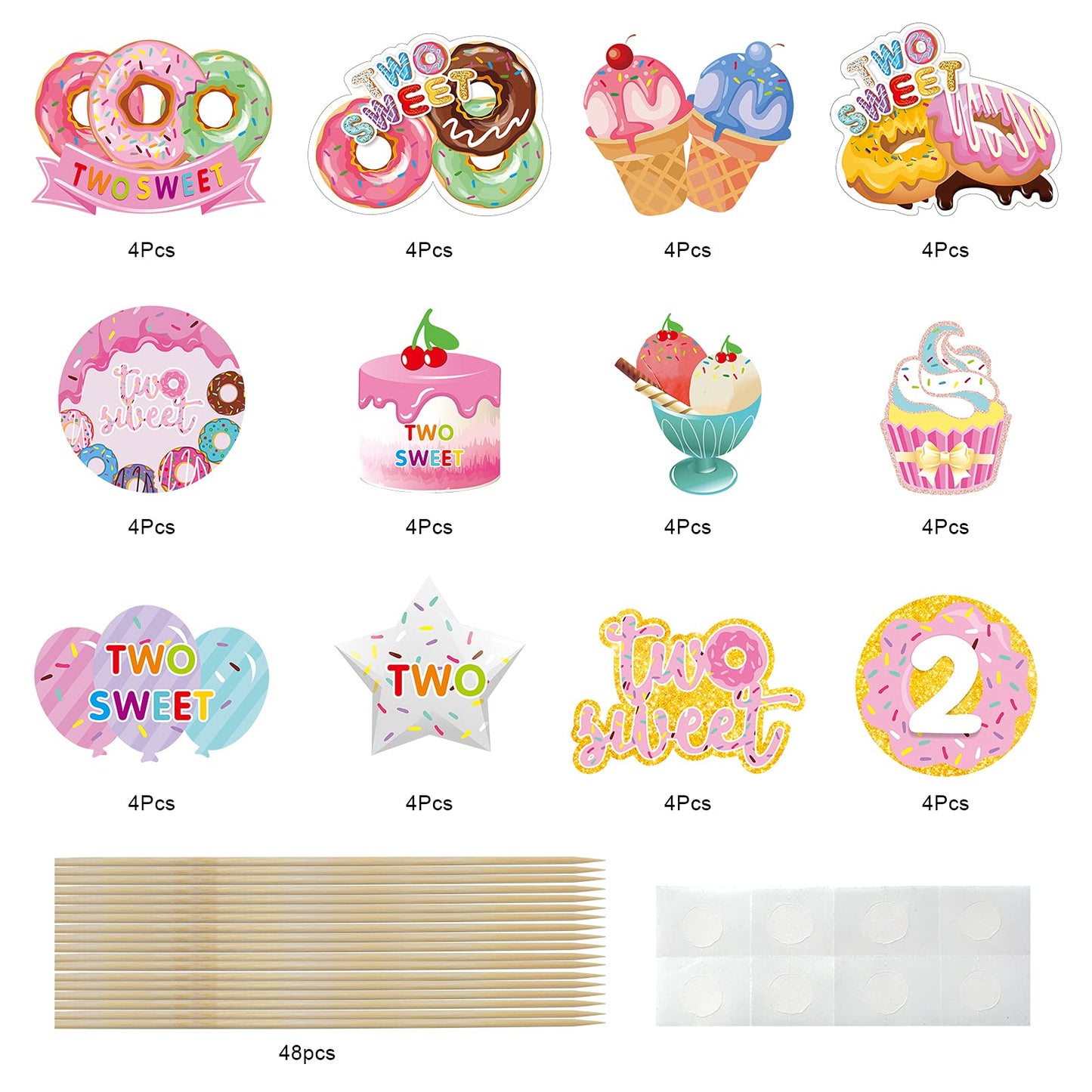 48Pcs Donut Party Decorations Two Sweet Birthday Cupcake Toppers, Donut Grow Up Theme Donut 2Nd Birthday Cake Topper Supplies Fo