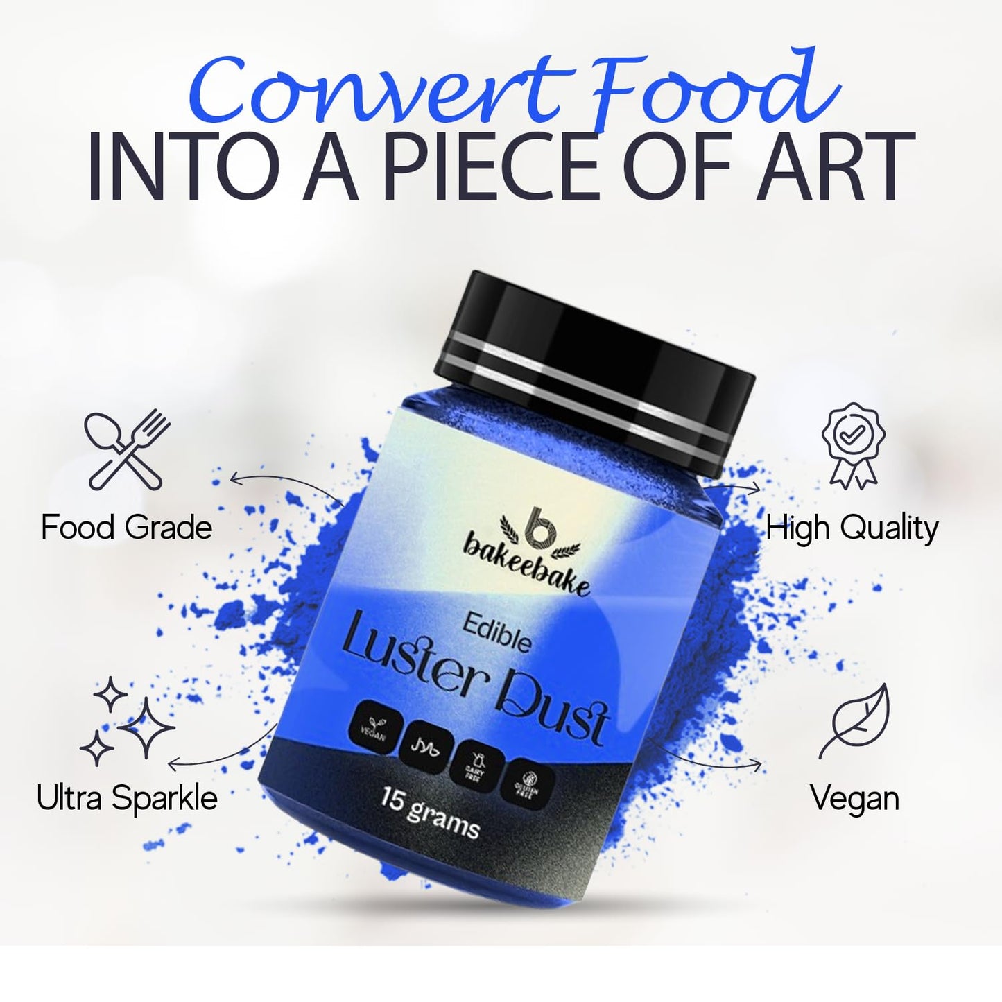 Bakeebake Luster Dust Edible 15G - Edible Glitter For Drinks & Desserts - Gluten Free Edible Blue Dust For Cake Decorating - Tas