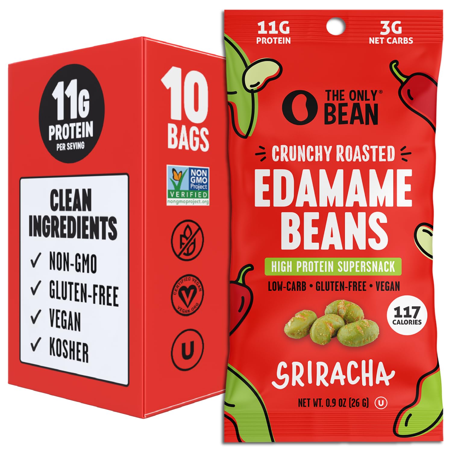 The Only Bean Crunchy Roasted Edamame Snacks Pack (Sriracha), Protein Keto Food, Gluten Free, Asian Japanese Snacks, Hot Spicy S