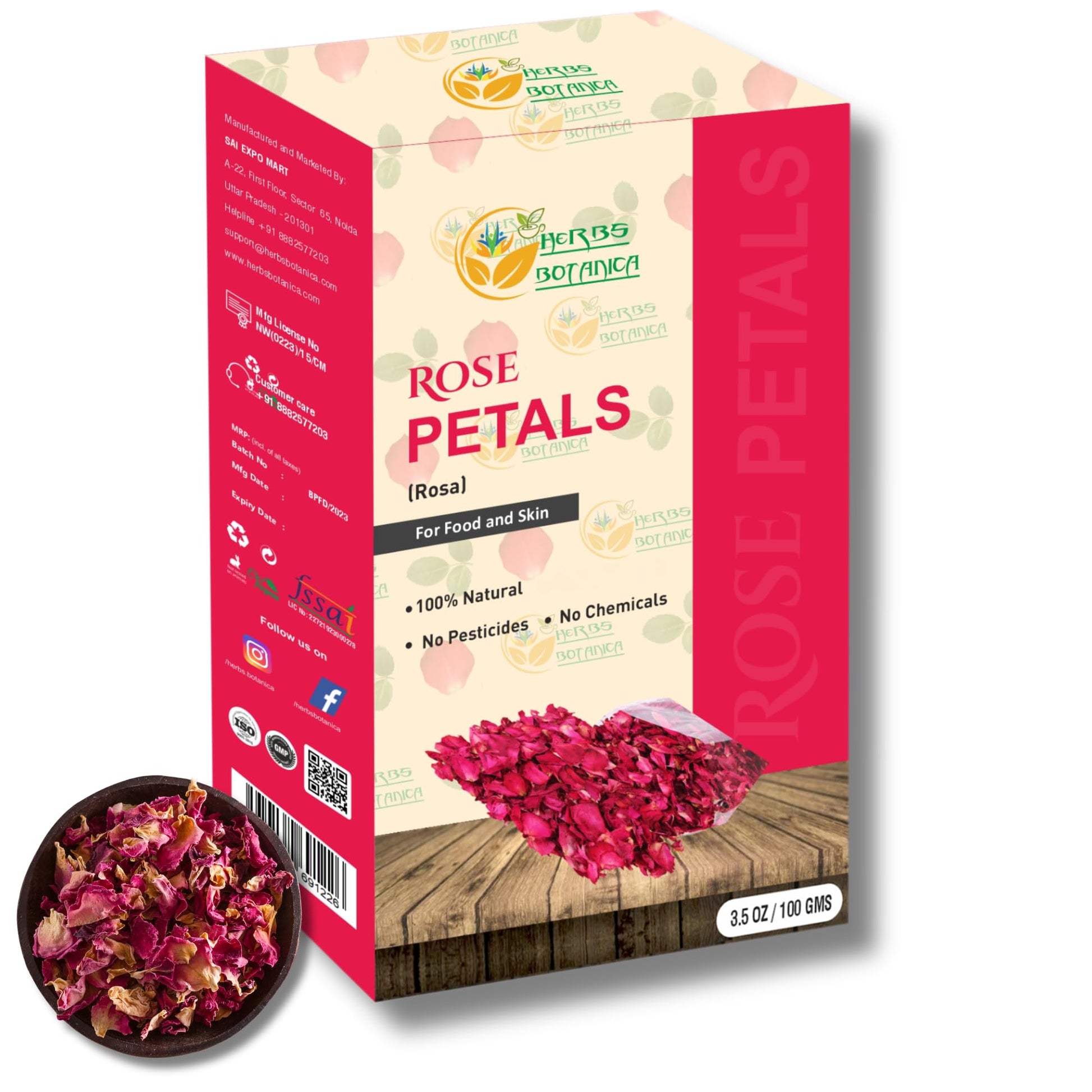 Herbs Botanica Dried Rose Petals, Edible, Non-Toxic, 3.5 oz, Resealable Bag