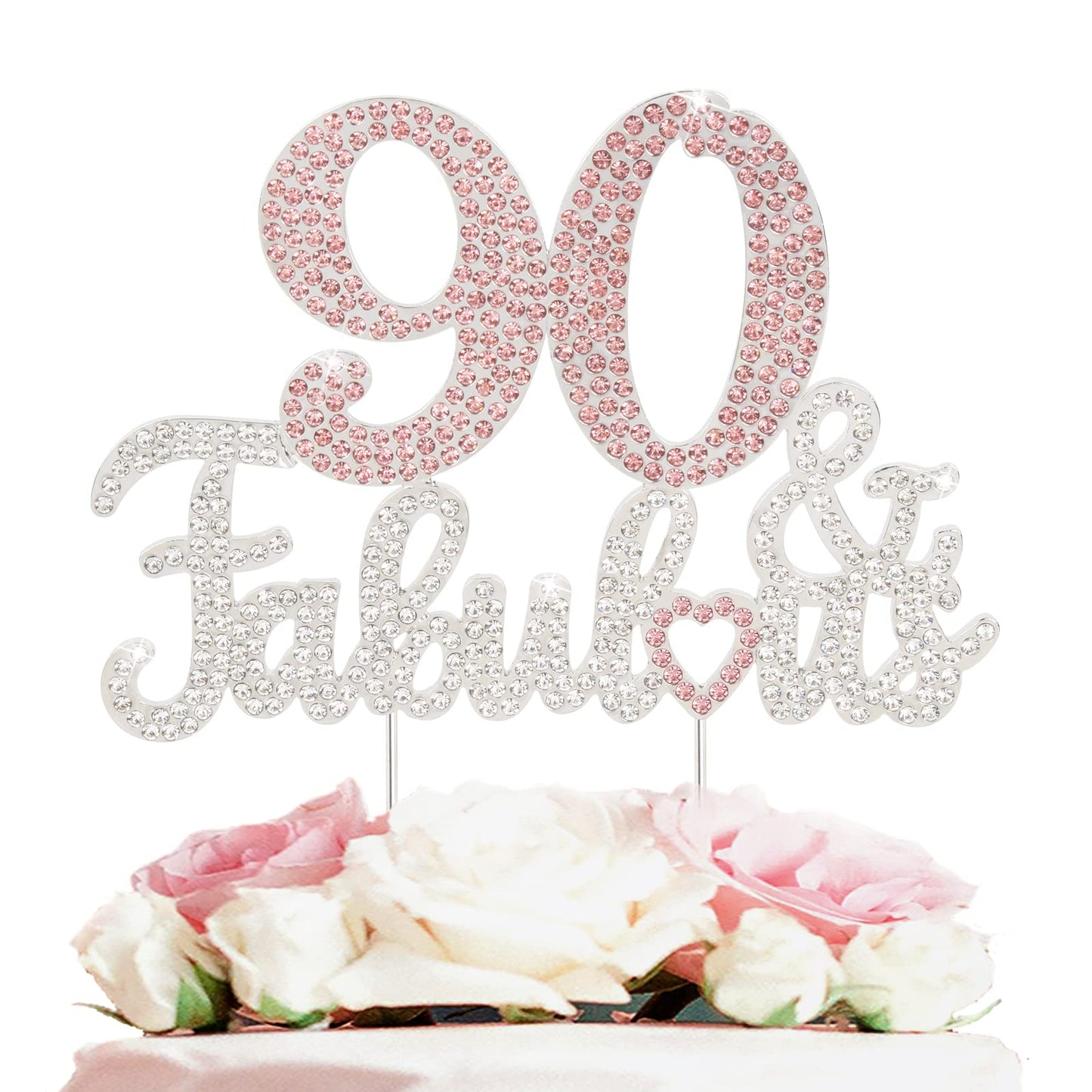 Laskyer 90 & Fabulous Silver Pink Rhinestone Cake Topper - Happy 90Th Birthday Cheers To Ninety Years Old Bday Party Metal Spark