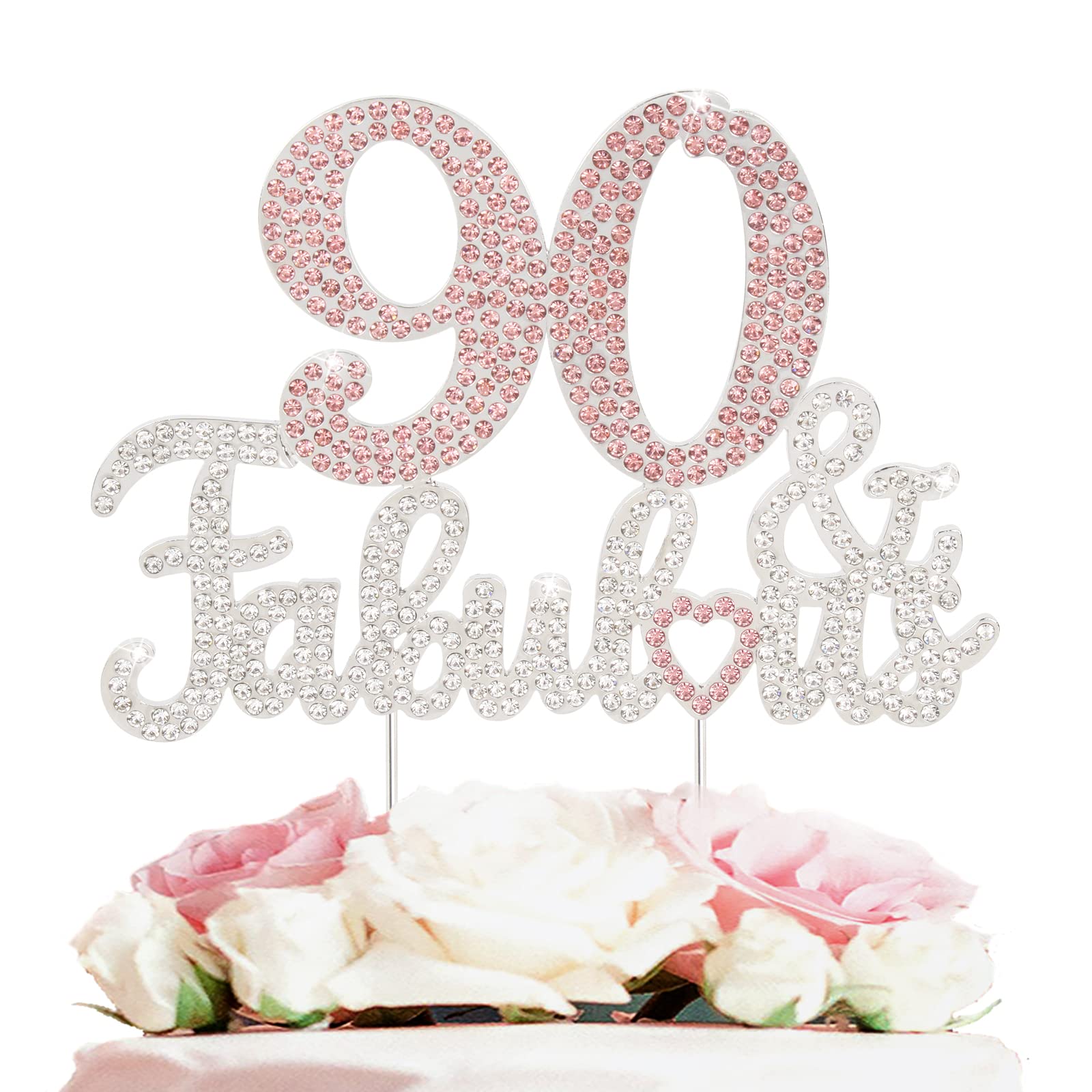 Laskyer 90 & Fabulous Silver Pink Rhinestone Cake Topper - Happy 90Th Birthday Cheers To Ninety Years Old Bday Party Metal Spark