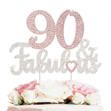 Laskyer 90 & Fabulous Silver Pink Rhinestone Cake Topper - Happy 90Th Birthday Cheers To Ninety Years Old Bday Party Metal Spark