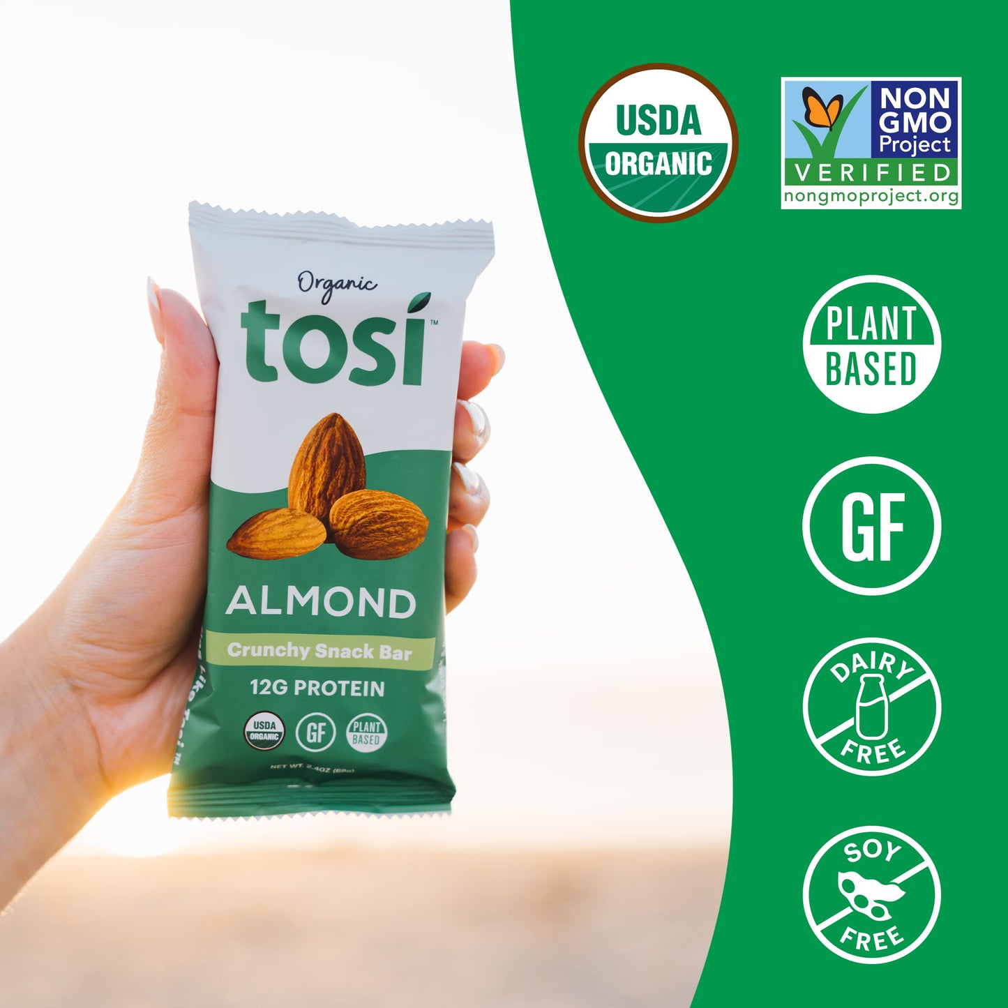 Tosi Almond Protein Bars, Vegan 12-Pack, Gluten-Free, Plant Based, 12G Protein, with Flax & Chia Seeds, 2.4 oz Each