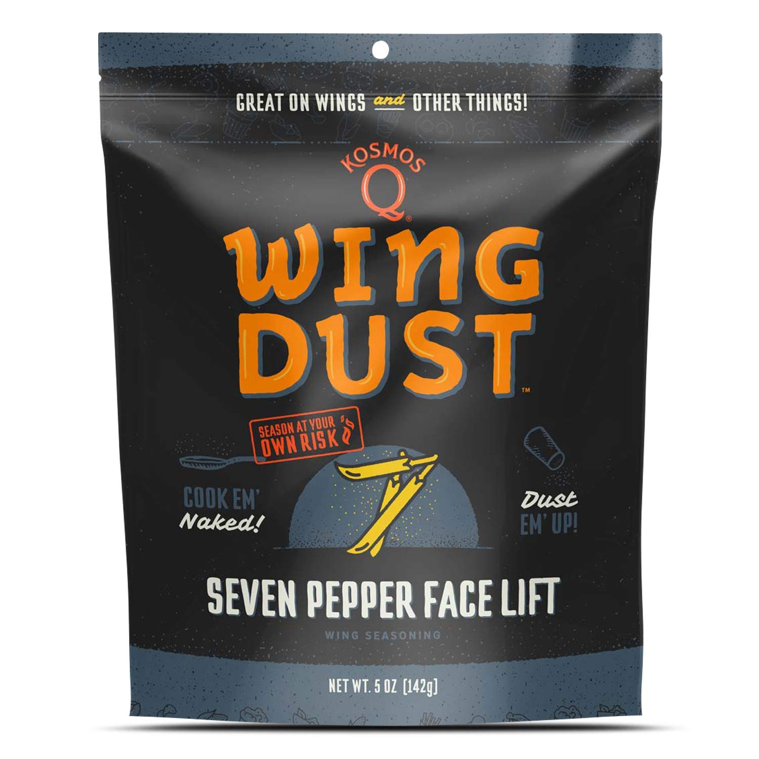 Kosmos Q Seven Pepper Face Lift Wing Dust - 5 Oz Bag For Wings, Popcorn & More - Dry Bbq Hot Wings Rub With 7-Pepper Blend, Garl