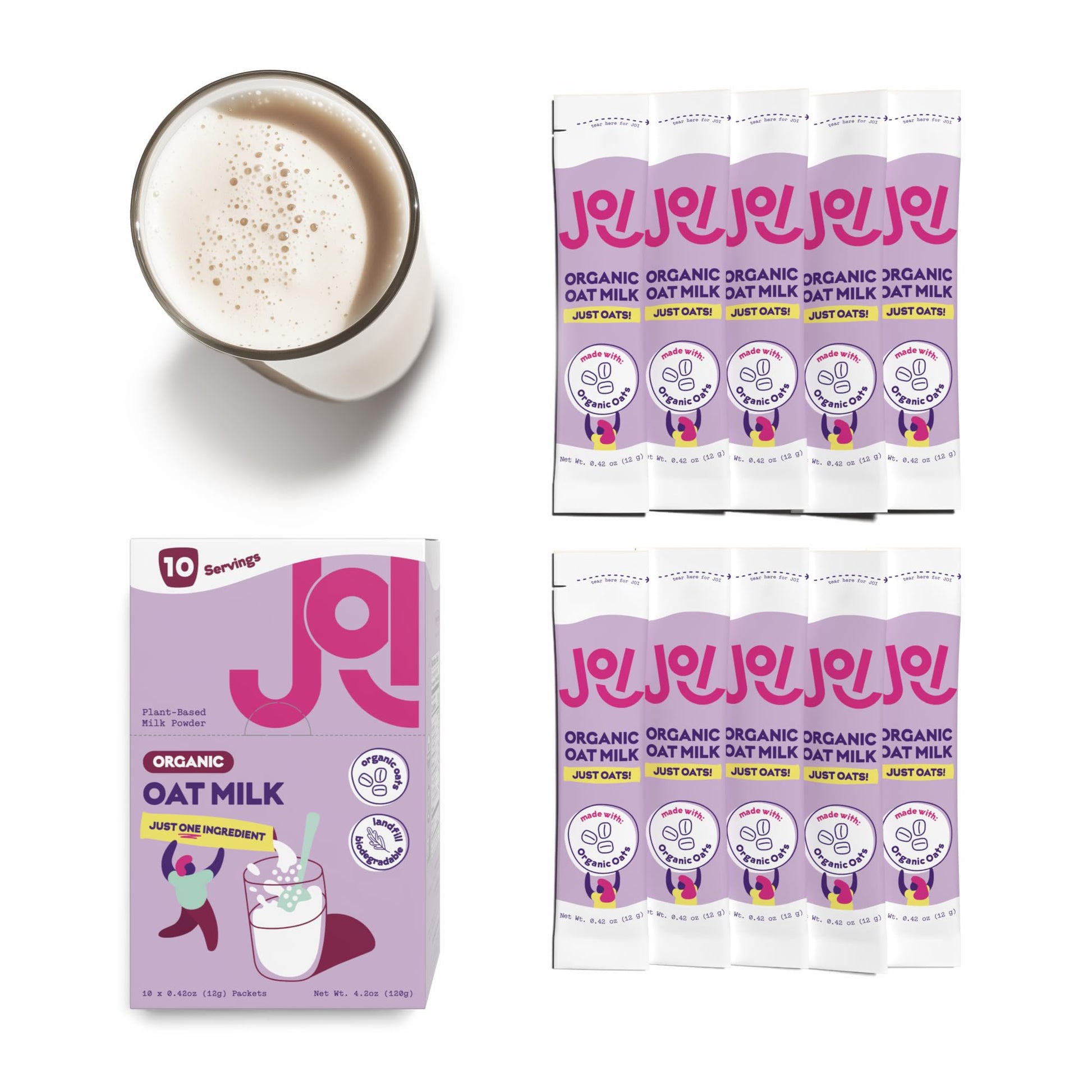 Instant Organic Oat Milk Powder, Unsweetened 10ct Carton by JOI - Dairy Free, Plant Based, Kosher, Shelf-Stable. Perfect for Smo